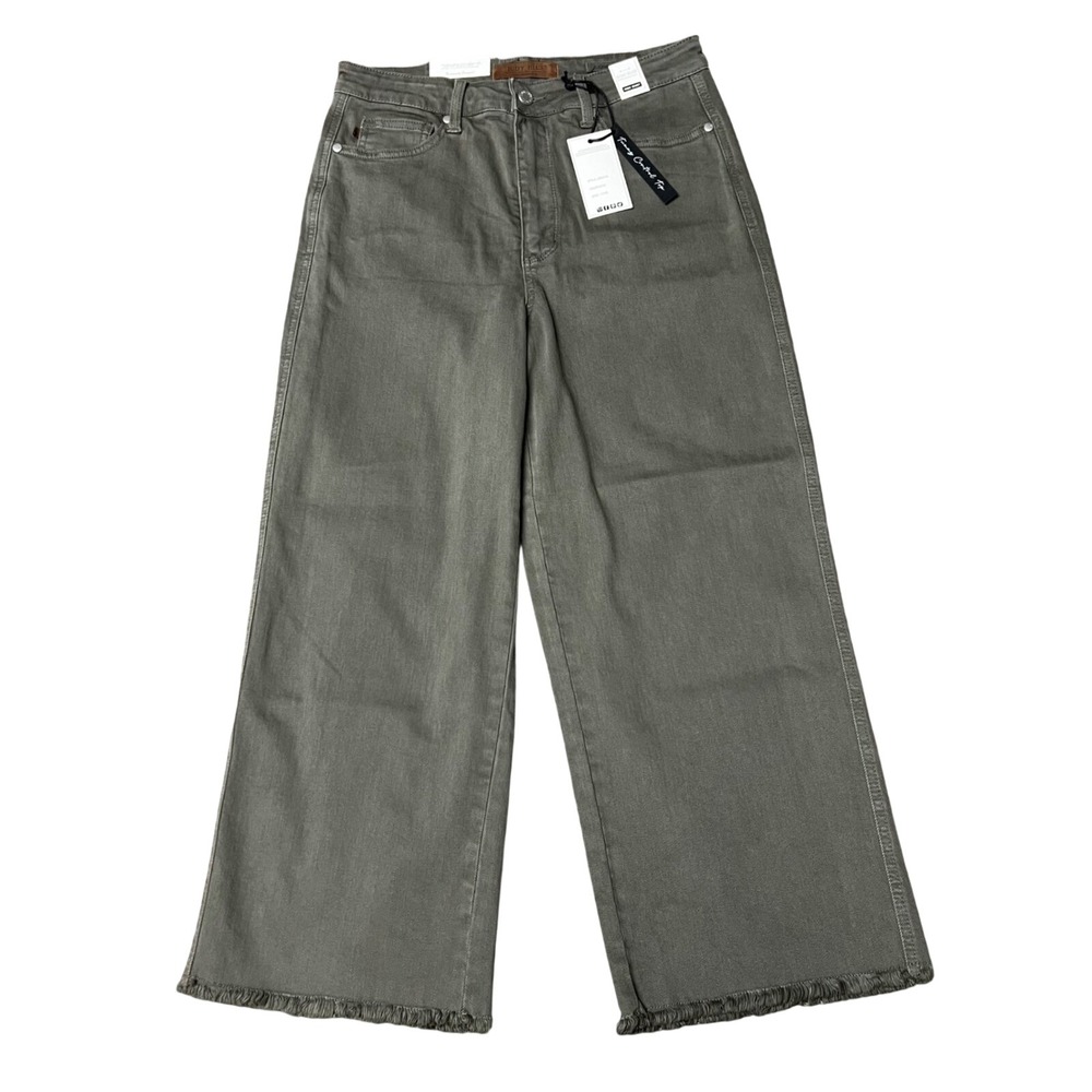 Judy Blue Olive Green Wide Leg Jeans High Waist Tummy Control Raw Hem 11/30